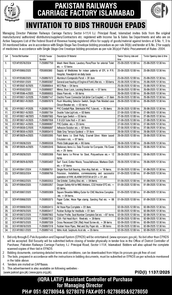 Pakistan Railways Islamabad Tender Notice